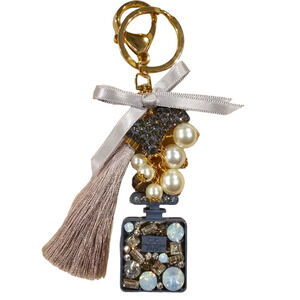 🚨Gray Jeweled Rhinestone & Pearls Perfume Bottle Keychain Bag Charm